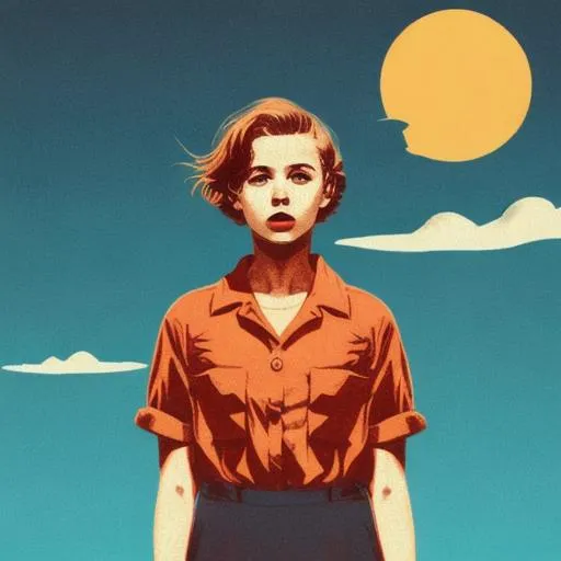 Prompt: Girl alone in heat summer retro vintage british short haired girl apocalypse nuke fallout