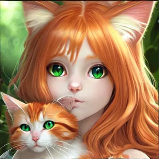 Prompt: Fairy goddess of cats, strawberry blonde  hair with calico cat traits, cat shaped nose, cat shaped  pupils in eyes, green eyes, closeup