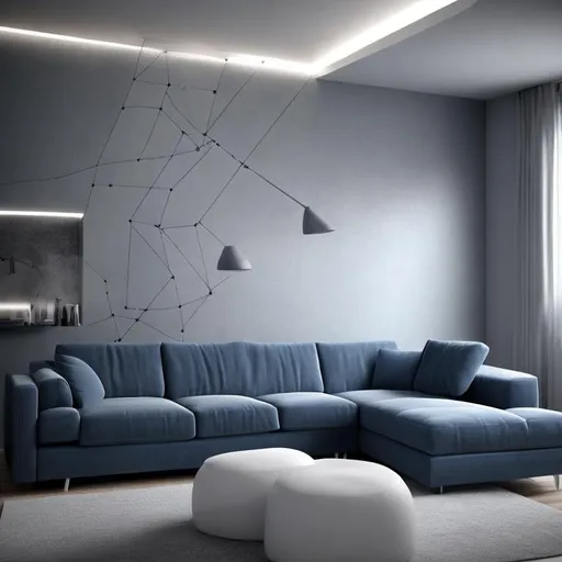 Prompt:    interior design in blue and gray tones modern sofa  minimalism lines