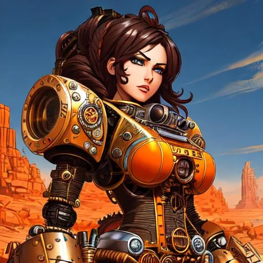 Prompt: A fierce-looking steampunk female robot standing in a rugged desert landscape, with orange gears and machinery, drawn in a comic book style, accentuated with thick outlines and shading, bold, dynamic, 8k, intricate details, close up headshot, dim lighting