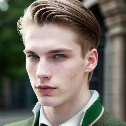 Prompt: young adult male, pale skin, light blue eyes, no pupils, blind, blondish brown hair slicked back, sculpted features, ultra high resolution, 8k, high octane render, dynamic lighting, photo realistic, ultra realistic, wearing Hogwarts Slytherin uniform, victorian style, freckles and moles