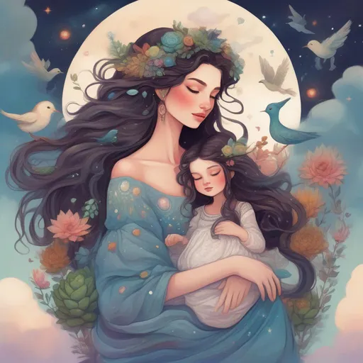 Prompt: A colourful and beautiful Persephone, stars and gems in her brunette hair and her hair is made of clouds. She is lovingly holding her daughter. In a beautiful flowing dress made of succulents. Surrounded by birds and clouds. Framed by a nighttime sky of clouds. in a painted style