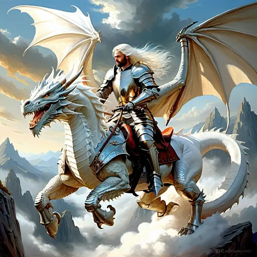 Prompt: Dragon rider Chivalric Knight in realistic oil painting, flying through the sky, majestic white dragon with vibrant white scales and fur, white ethereal wings, flowing white hair, fierce expression, mythical landscapes, high fantasy, oil painting, vibrant colors, epic scale, detailed armor, stunning face, atmospheric lighting, professional, highres, fantasy, oil painting, dragon rider, Chivalric Knight , flying, majestic, Dragon's face is bearded, ethereal, fierce expression, pale colors, high fantasy