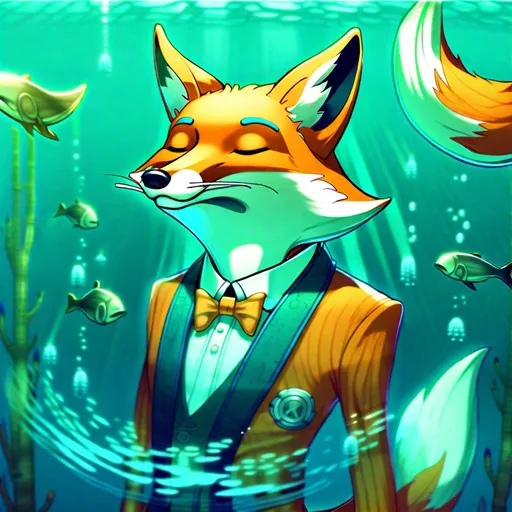 Prompt: Anthropomorphic fox breathing underwater