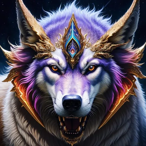 Prompt: insanely beautiful (wolf), ancient, celestial guardian, quadrupedal canine, growling, glaring, global illumination, psychedelic colors, illusion, finely detailed, calm, detailed face, beautiful detailed eyes, beautiful defined detailed legs, beautiful detailed shading, stunning, hyper detailed face, hyper detailed eyes, masterpiece, professional oil painting, epic digital art, best quality, slender, highly detailed body, (lightning halo), tilted halo, {body crackling with lightning}, billowing wild fur, dense billowing mane, lilac magic fur highlights, majestic wolf queen, magic jewels on forehead, lightning blue eyes, flaming eyes, ice elements, {auroras} fill the sky, {ice storm}, crackling lightning, (lightning halo), tilted halo, corona behind head, highly detailed pastel clouds, lightning charged atmosphere, full body focus, presenting magical jewel, beautifully detailed background, cinematic, Yuino Chiri, Anne stokes, Kentaro Miura, 64K, UHD, intricate detail, high quality, high detail, golden ratio, symmetric, masterpiece, intricate facial detail, high quality, detailed face, intricate quality, intricate eye detail, highly detailed, high resolution scan, intricate detailed, highly detailed face, very detailed, high resolution, medium close up, close up