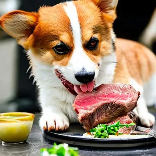 Prompt: A corgi eating a piece of steak.