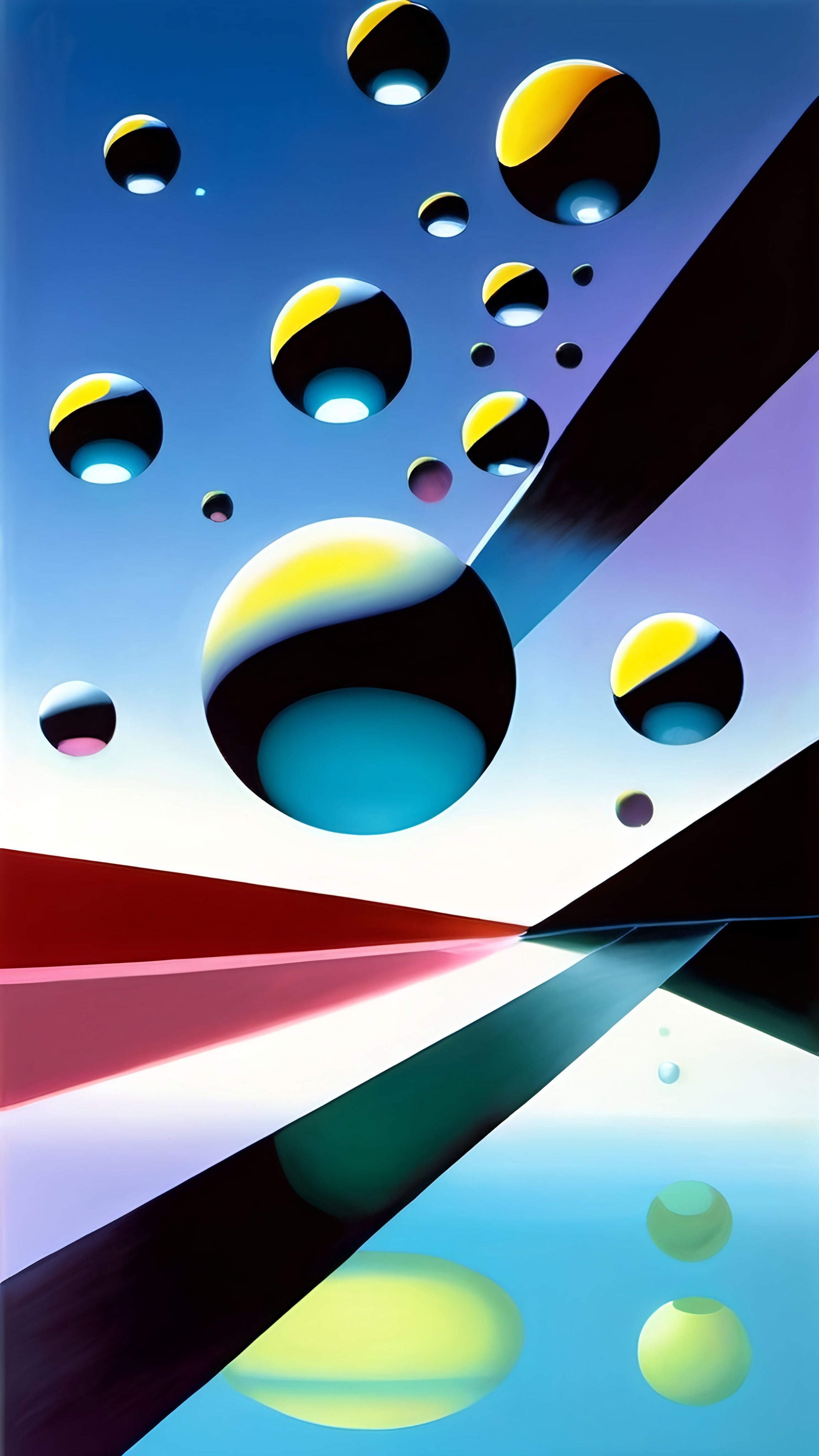 Prompt: a painting of a blue sky with many bubbles of water and a blue sky with a few yellow and red circles, precisionism, raytracing