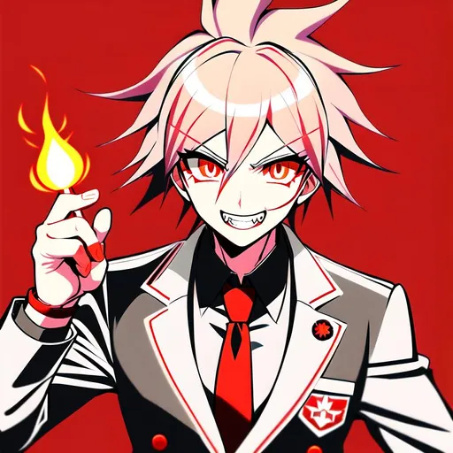 Prompt: Danganronpa art style, red/white hair, eye eyes, toothy grin, fanged teeth, short, femboy, male, solo focus, small flame on hair, man, muscle 