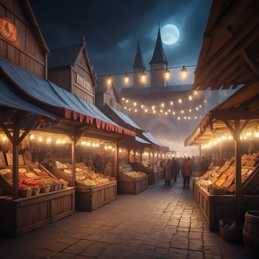 Prompt: huge marketplace, small wooden stalls and booth, market tents, bright, vibrant, dramatic fantasy scene, cinematic lighting