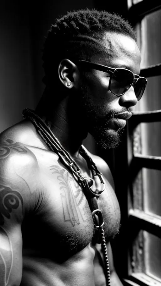 Prompt: Sensual, tattooed, shirtless, rustic african man, wearing sunglasses and a intricate leather harness, in an abandoned place near a window, cinematic, close-up portrait, grayscale, hyperrealistic, hyperdetailed, ambient light, perfect composition, provocative, textured skin, high contrast, profile portrait.