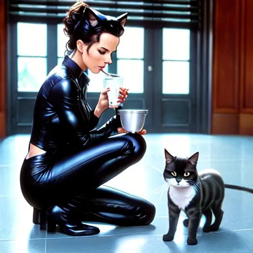 Prompt: Catwoman drinking milk off the floor, played by Kate Beckinsale