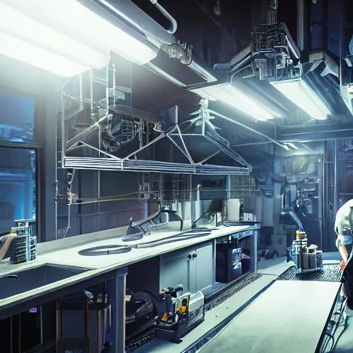 Prompt: ai laboratory, building, ghost in the shell, studio lighting, welding in background, dim lighting,  professional, HDR, UHD, 64K, perfect composition, hyper detailed, super detailed, 8k, high quality, trending art, trending on artstation, sharp focus, studio photo, intricate details, highly detailed, concept art, perfect lines, soft lighting, digital art