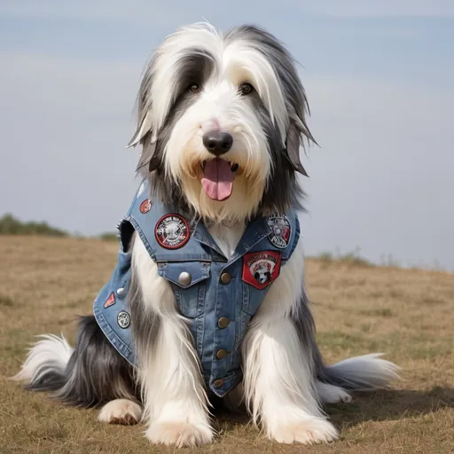 Prompt: bearded collie wearing a heavy metal music denim vest with patches