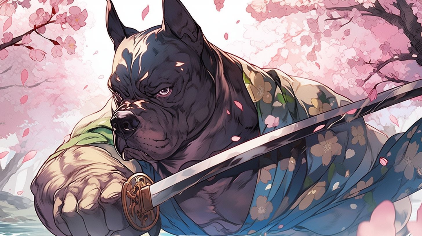 Prompt: A brindle pitbull in a japanese anime style brandishing a blue water sword shaped like a whaling harpoon, ready for battle, anthropromorphic, scar over left eye, closed left eye, dynamic pose, background cherry blossom trees in bloom --niji 5 --ar 16:9