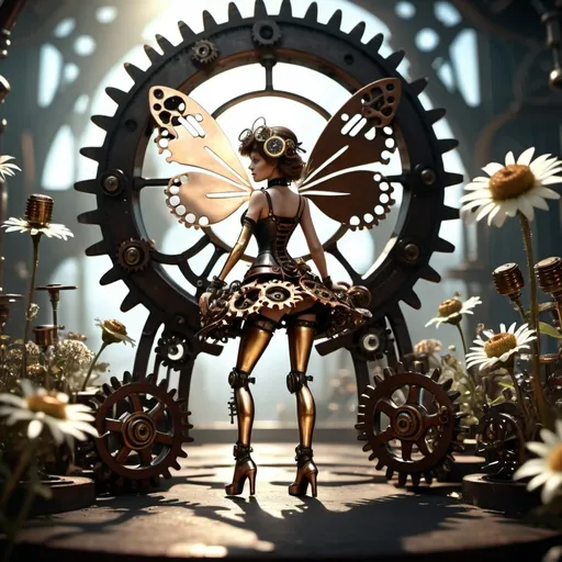 Prompt: (Metallic Steampunk Honey walking on a Cog flowers, all six legs visible), dark steampunk artstyle,  HD, 4K, crisp focus, atmospheric, intricate floral background with steampunk elements, metallic textures, gears and cogs intertwined with nature, soft sunlight filtering through, cinematic lighting, dramatic shadows, immersive and captivating scene.