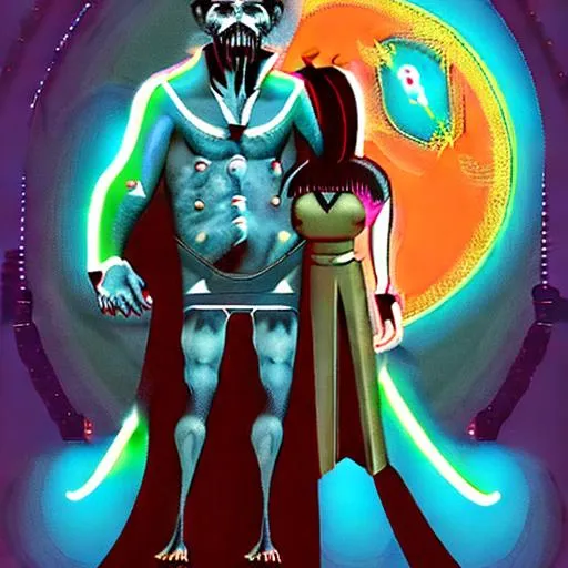 Prompt: Frankenstein wolfman alien hybrid with vampire wife
