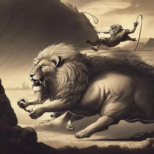 Prompt: Me  ( a gangsta) fighting Sisyphus in lion form along the nile river in 105 A.D.