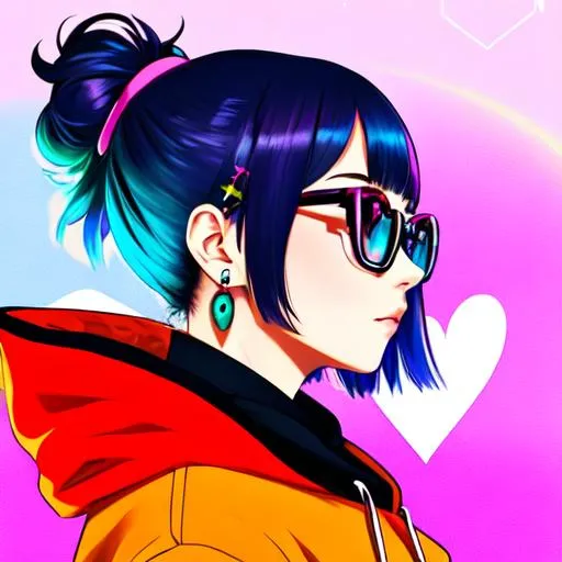 Pop girl, big earrings, profile, colorful hoodie, glasses - Prompt Genius