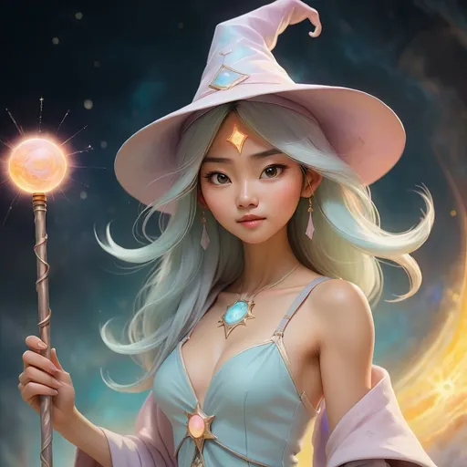 Prompt: Dreamy pastel full body portrait of a Taiwanese woman wizard, barite wizard hat with suns on hat, holding a metal wand, small bare chest, inviting facial expression, inviting body pose, beginning of the universe background, ethereal atmosphere, soft focus, high quality, pastel art, ethereal, mystical, dreamy full body portrait, soft pastel colors, little attire, magical, enchanting, detailed barite hat with suns on hat, intricate metal wand, soft lighting, ethereal atmosphere