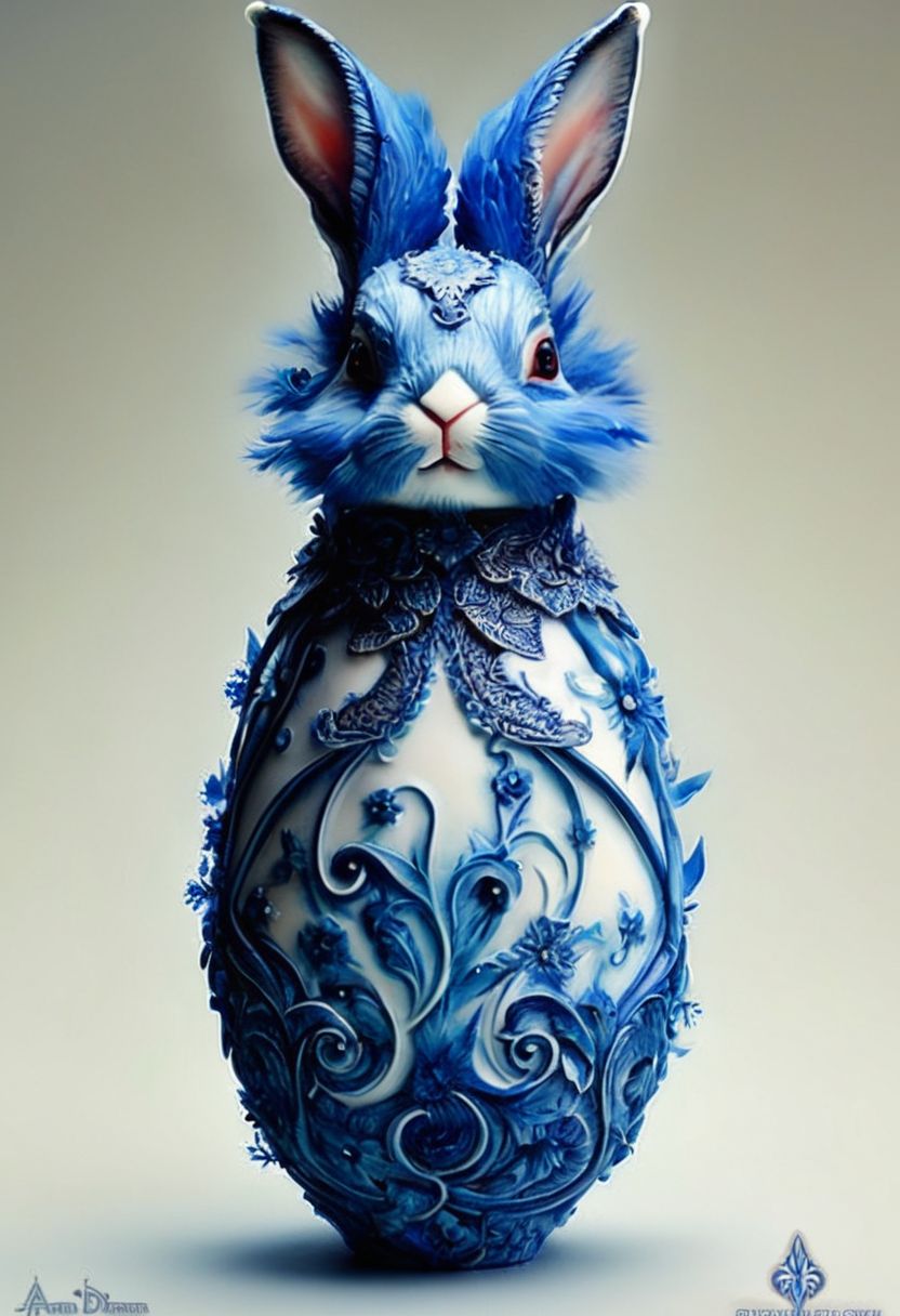 a detailed intricate rabbit toy made out of white porcelain with blue detailing by Gerald Brom and 