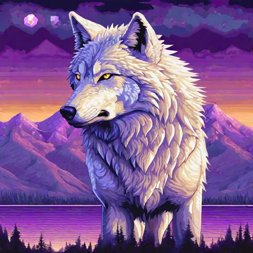 Prompt: (pixel art), 16-bit, beautiful {white wolf}, with {silver eyes}, looking at viewer, glaring through fourth wall, layers of purple mountain silhouettes, magical fantasy crystal lake, twilight, highly detailed, beautifully detailed shading, complementary colors, golden ratio