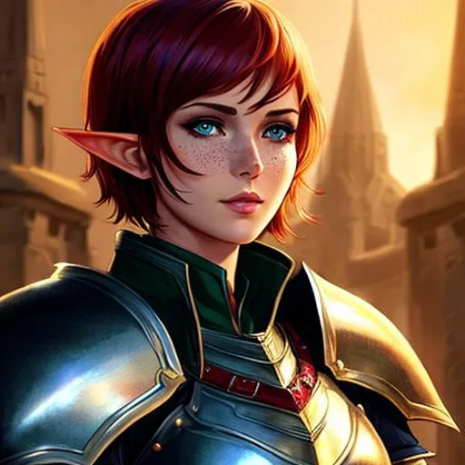 Prompt: dnd, elf, portrait, short hair, female, Illustration, heavy armor, full chestplate, scar on face, freckles, paladin