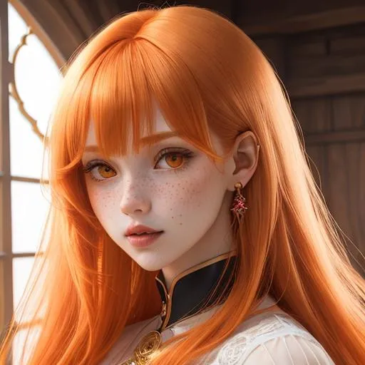 Prompt: intricately detailed, volumetric lighting, complementary colors, digital illustration, hip length long ginger hair, choppy bangs, anime hair, pale skin, freckles, female, beautiful, lovely, attractive, cute, vibrant golden amber eyes, dainty nose, soft cheeks, full lips, well defined jawline, revealing outfit, 3/4 view, semi-realistic, 8k resolution, wearing chinese qipao