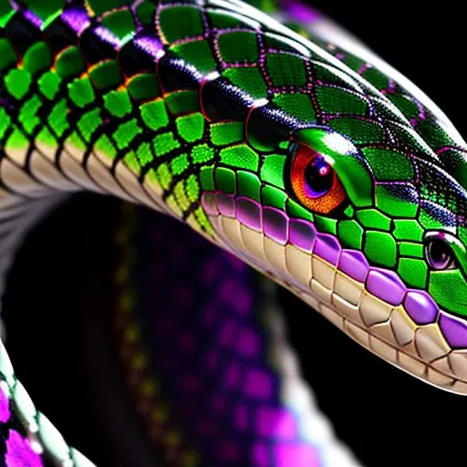 Prompt: a face shot of a twelve-foot snake with black and green markings and red eyes purple aura and a dragon-like face, very glossy and shiny, reflective, perfect composition, hyperrealistic, super detailed, 8k, high quality, trending art, trending on artstation, sharp focus, studio photo, intricate details, highly detailed, Trending on Artstation, Cozy wallpaper, Pastel colors, soft lighting