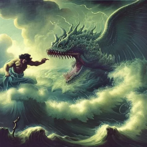 Prompt: God fights giant sea serpent in chaotic stormy sea in classical art style