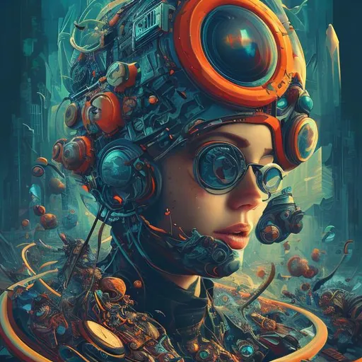 Prompt: ad poster, splash art, vector art, zoom out, zoom out head and shoulder, surrounding elements, cool shades, digital painting, portrait masterpiece, surreal abstract mental implosion