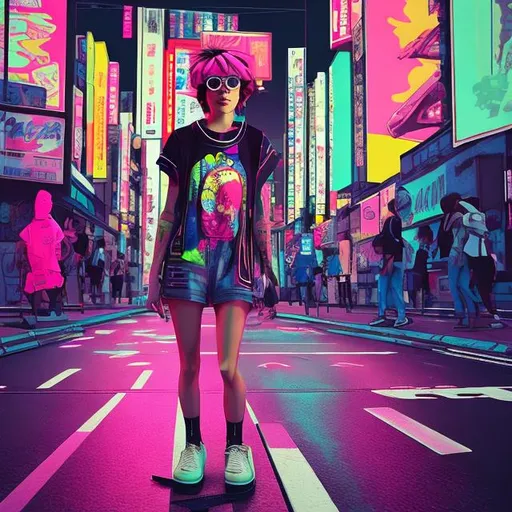 Prompt: a hipster skateboarder girl on a street in tokyo, realistic, futuristic, 4K, in the background the metaverse, neon, in the style of Andy warhol, vibrant pastels