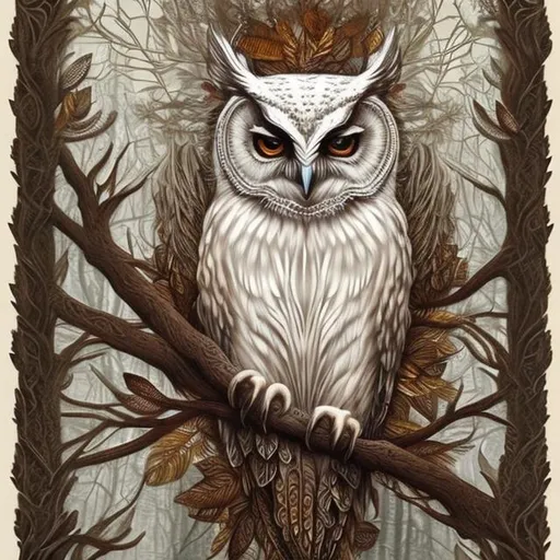 Prompt: "white forest owl, lace feathers, brown leaves, intricate, detailed, christian schloe"