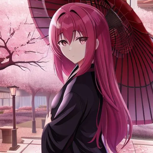 Prompt: Dark Future, raining,sakura tree background Anime girl