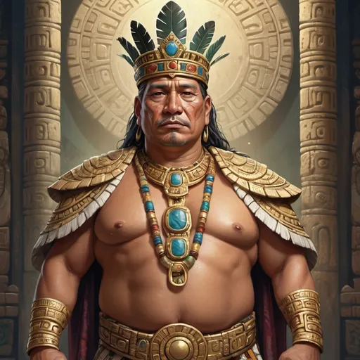 Prompt: Full body, Fantasy illustration of a male mayan king, 55 years old, full figured, delicate traditional garment, exquisitive jewellery, golden crown, curious expression, high quality, rpg-fantasy, mayan palast