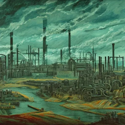 Prompt: an expressionistic view of an industrial landscape showing that people are resources in the industrial revolution. machines with steam are used to create hot glowing steal. the industrial landscape slowly fades out into an amazing grass land with green and azure blue water. 