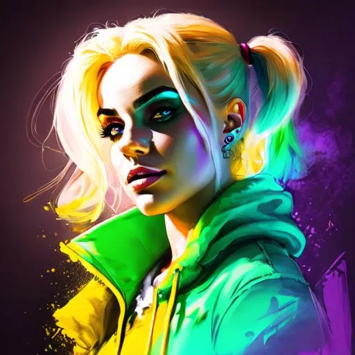 Prompt: harley quinn staring a viewer, high quality, neon colors