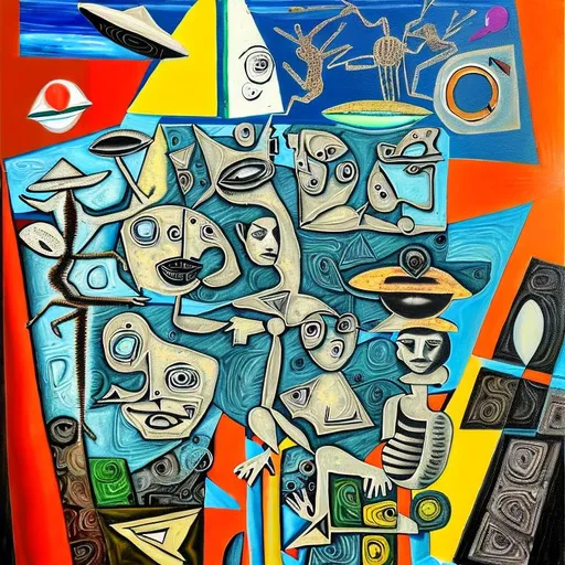Prompt: A abstract cut up painting with hidden messages and riddles placed on the image realism detailed textured painting of extraterrestrial aliens and space ships and talking trees with a Picasso style mixed with Salvador Dali style, poetry, a story told in the painting hidden objects although the painting like random 🙏 deep in the painting 