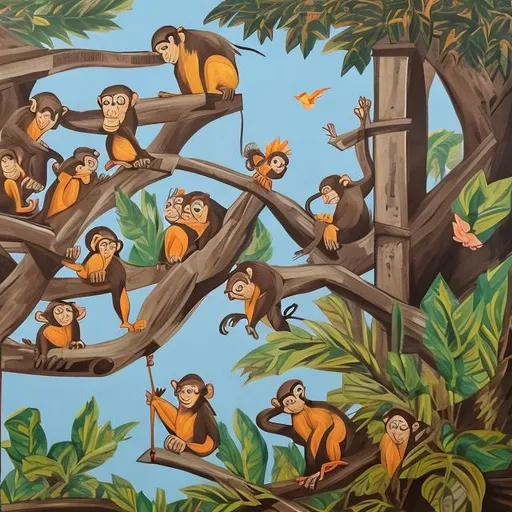 Prompt: Monkeys and birds arguing on a session hall in acrylic