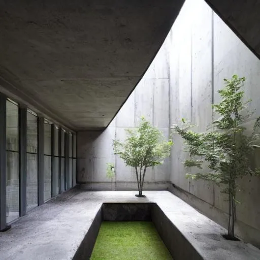Prompt: an enclosed courtyard a brutalist architecture with lots of natural light.