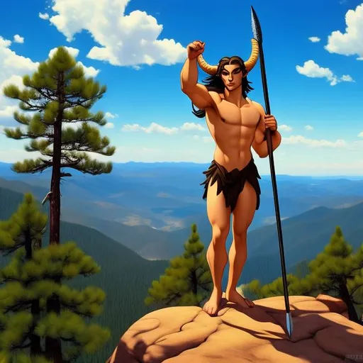 Prompt: a satyr, wielding a spear. Standing on top of a mountain. Pine Trees.