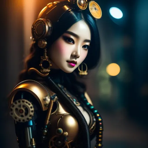 Prompt: Produce a photograph of a steampunk robotic beautiful female android, asian, looking at the viewer, with fantasy colors, spot lights, in a dark background, high quality, trending art, trending on artstation, sharp focus, studio photo, intricate details, highly detailed, UHD, HDR, 8K, ((Masterpiece))