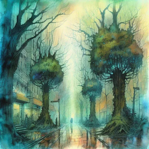 Prompt:  Zdzisław Beksiński style illustration of a fantasy forest trees, steampunk, New York City street, storefront, wet on wet, watercolor, surrounded by vegetation