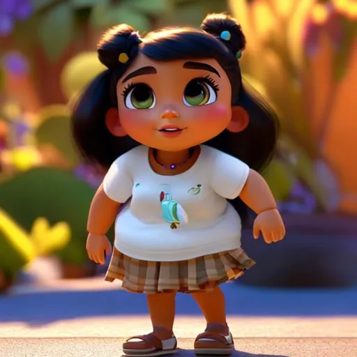 Prompt: Disney, Pixar art style, CGI, mexican girl with long straight black hair, tan, sturdy body, big eyebrow, strong chubby thicc body