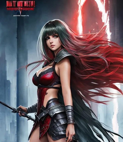 Prompt: Modern movie poster, a final fantasy watercolor full body concept art with Sarah Michelle gellar, dark green hair, realistic face, in red Demon Artifact armor, parted bangs, brown eyes, ethereal, jewelry set balayage wild hair, royal vibe, highly detailed, digital painting, Trending on artstation , HD quality, tan skin, Big Eyes,artgerm,by Ilya Kuvshinov 