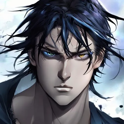 Prompt: Manwha A gorgeous man with blue eye and a black Hair looking fiercely