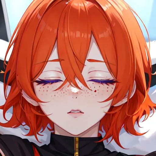 Prompt: Erikku male adult (short ginger hair, freckles, right eye blue left eye purple) UHD, 8K, Highly detailed, insane detail, best quality, high quality,  anime style, asleep, closed eyes