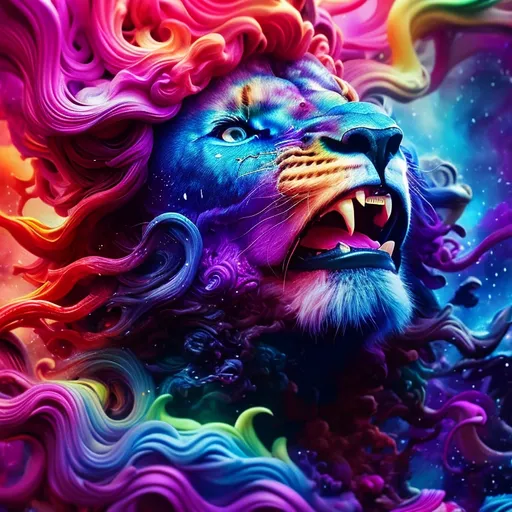Prompt: Exuberant, Happy, Joyful, Affectionate, psychedelic cinematic, Nebula, 3D HD Beautiful [{Lion}Head magenta liquid satin, Beautiful big reflective eyes], expansive metallic background, supernova, freeform colorful ink chaos, hyper realistic, 64K --s98500