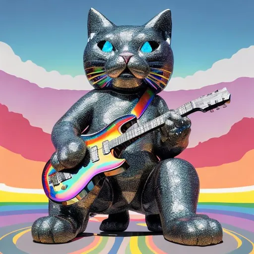 Prompt: ((((giant cat playing guitar) diamond statue inlaid with rainbow chrome) in the style of Ron English) wide perspective view) infinity vanishing point