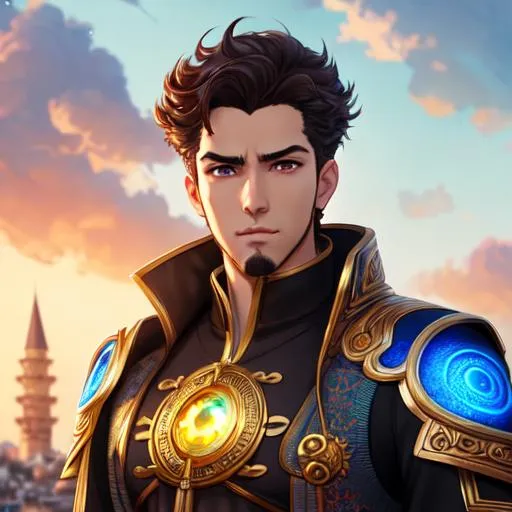 Prompt: 64K, centered position Full body of turkish adult male, Mobile Legend, perfect eyes, curly brown hair, symmetrical, lighting, detailed face, by makoto shinkai, stanley artgerm lau, wlop, rossdraws, concept art, digital painting, looking into camera, intricate ornament on his suit, castle background, colorful ambient, colorfull, HDR, 64K