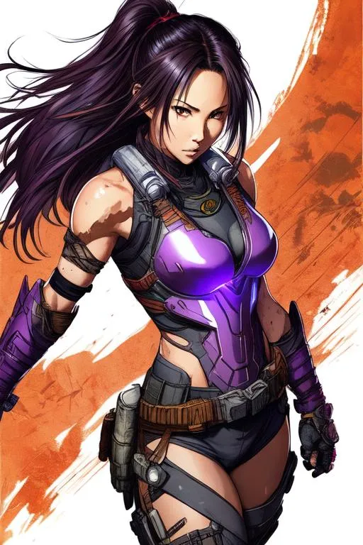 Prompt: (((Yoji Shinkawa))), sticker of ultra detailed portrait of Olivia Munn as a shinobi,  high quality cell shaded illustration in post apocalyptic style by Yoji Shinkawa, ((full body)), dynamic pose, perfect anatomy, purple armor, centered, freedom, soul, black long hair, approach to perfection, cell shading, 4k , cinematic dramatic atmosphere, watercolor painting, global illumination, detailed and intricate environment, artstation, concept art, fluid and sharp focus, volumetric lighting, cinematic lighting, Art by Yoji Shinkawa,